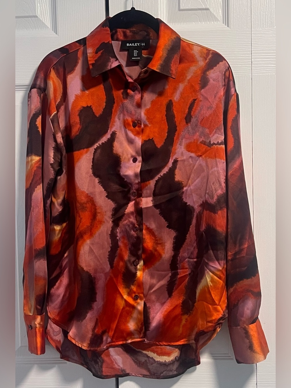 Bailey 44 Satin Button Up Long Sleeved Blouse With Abstract Multi-Colored Patter